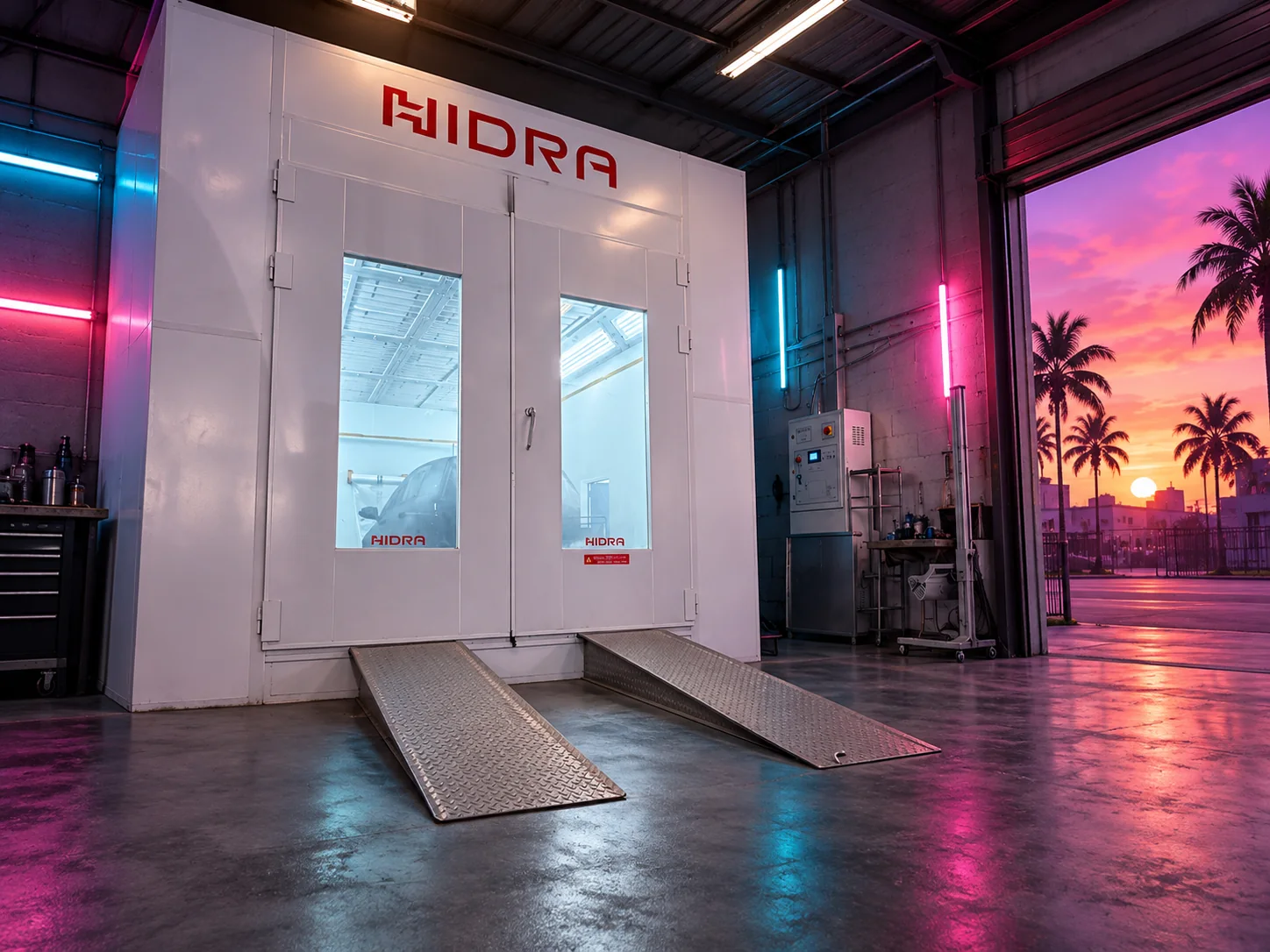 Cabine de peinture HIDRA Custom Cars — décor Vice City retouché
