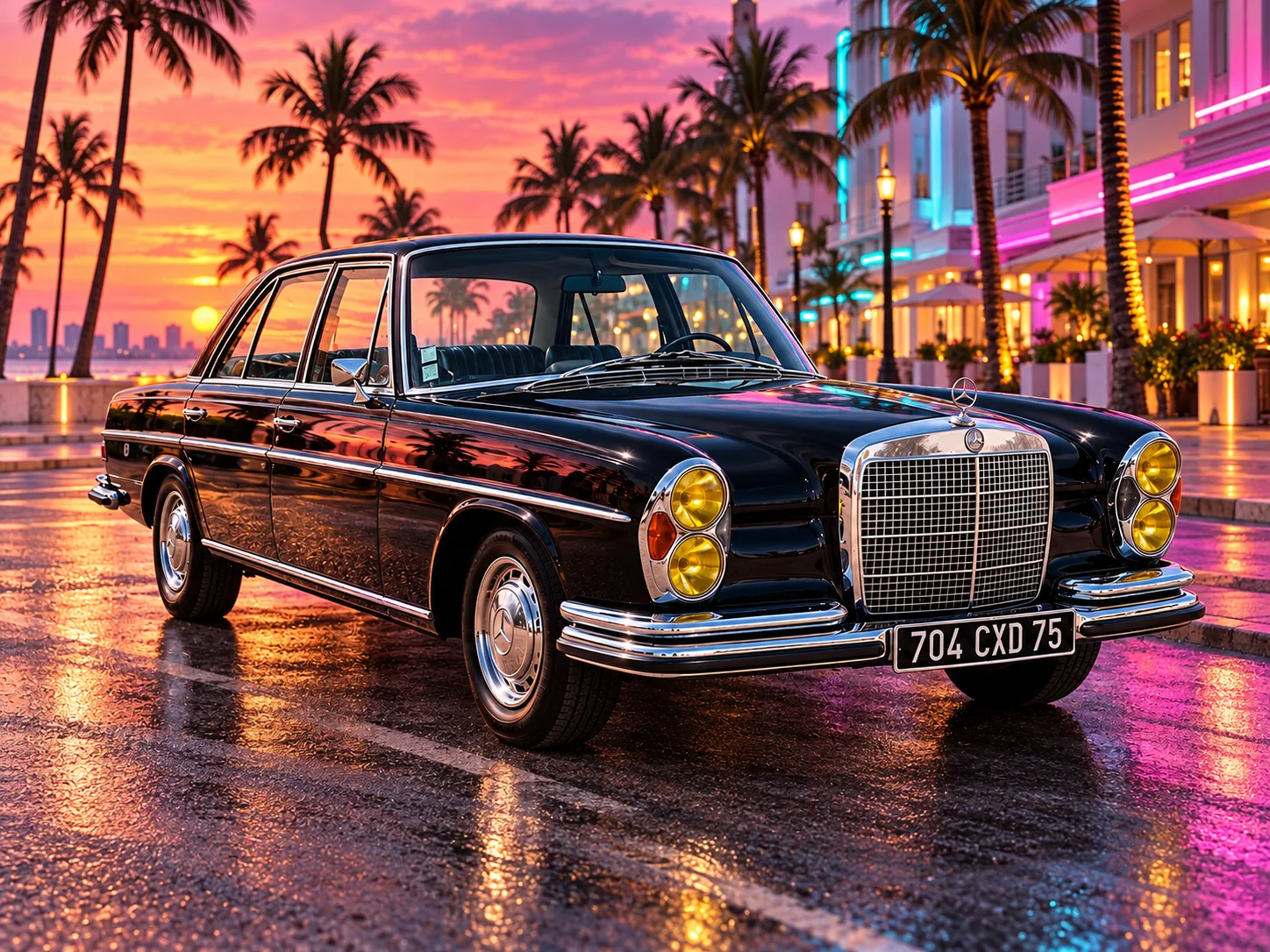 Mercedes classique noire dans un décor de palmiers au coucher du soleil, fond retouché numériquement